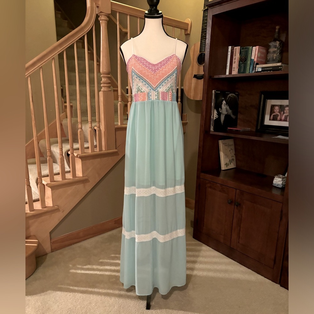 Flying Tomato Mint, Pink, Blue Embroidered Long Boho Festival Dress Size L